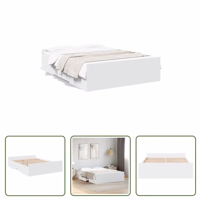 The Living Store Giroletto con cassetti bianco 140x190 cm in materiale ligneo