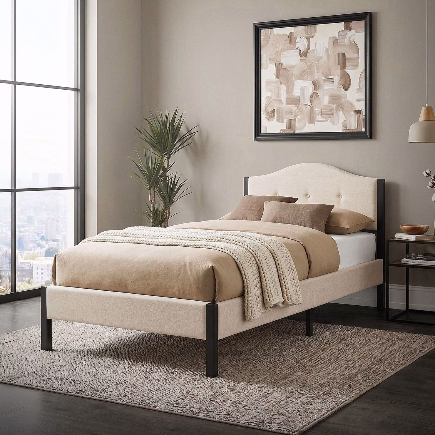 Letto imbottito ML-Design 90x200 cm, beige, letto singolo con solida struttura, testiera e rete a doghe. Letto moderno per ragazzi rivestito in tessuto di lino.