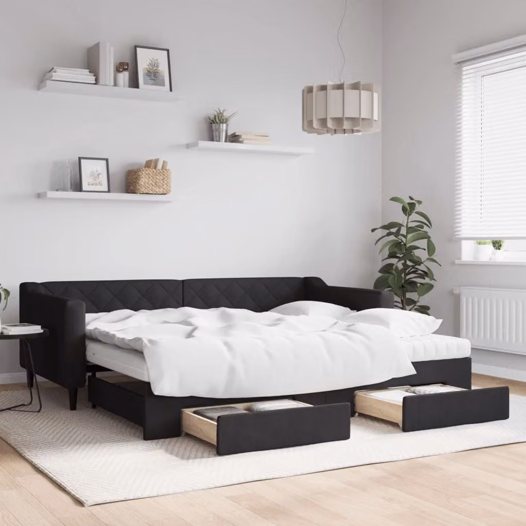 vidaXL Divano Letto Estraibile con Cassetti in Tessuto Nero L/P/H: 223 x 90 x 100 cm