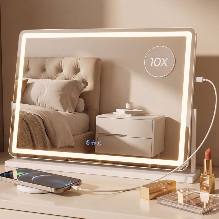 Specchio da trucco illuminato, 81x56 cm, specchio cosmetico LED, alta definizione, rotazione a 360°, lente d'ingrandimento 10x, 3 temperature di colore, dimmerabile, funzione di memorizzazione, controllo touch, USB, colore bianco
