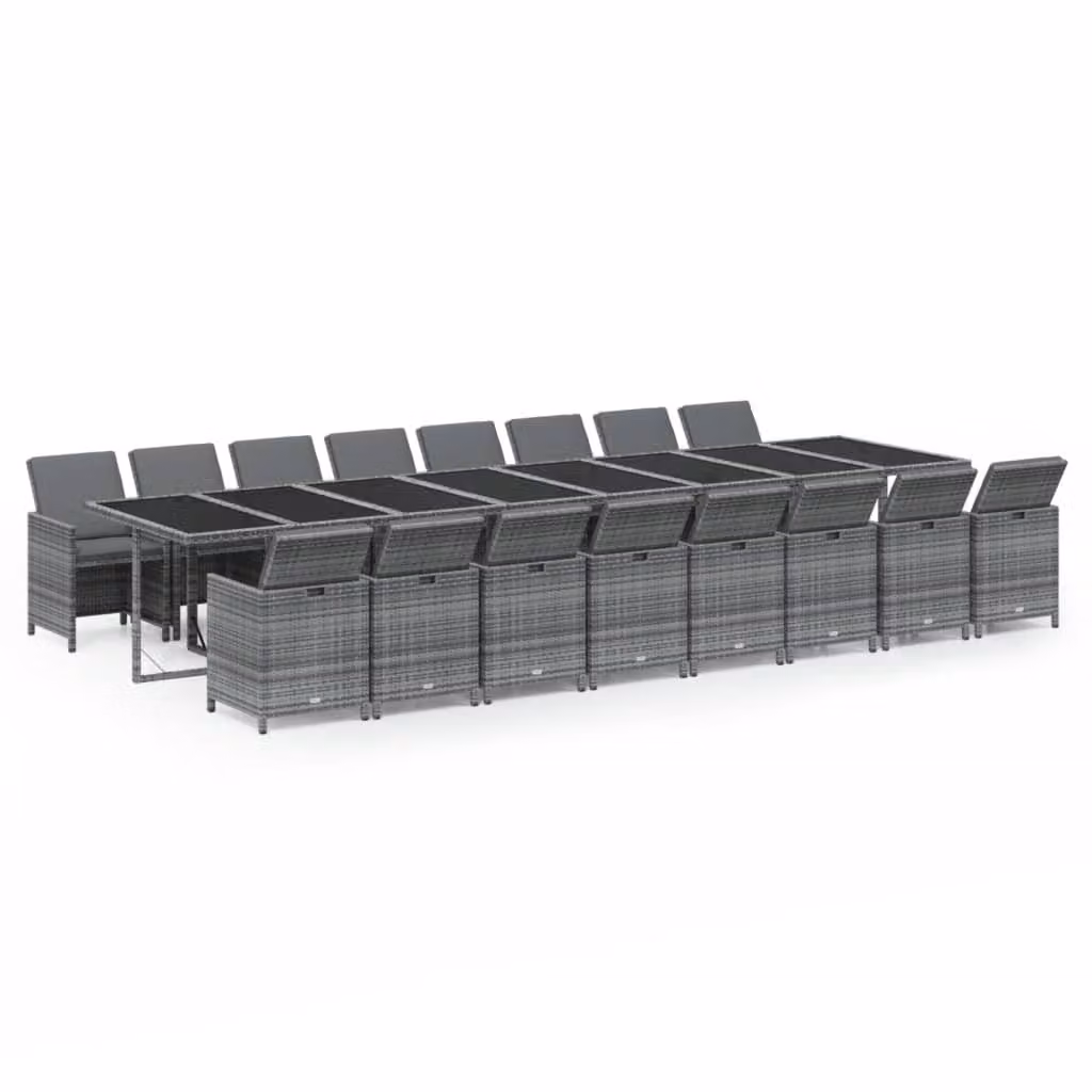 Set da Pranzo da Giardino 17pz con Cuscini Grigio in Polyrattan