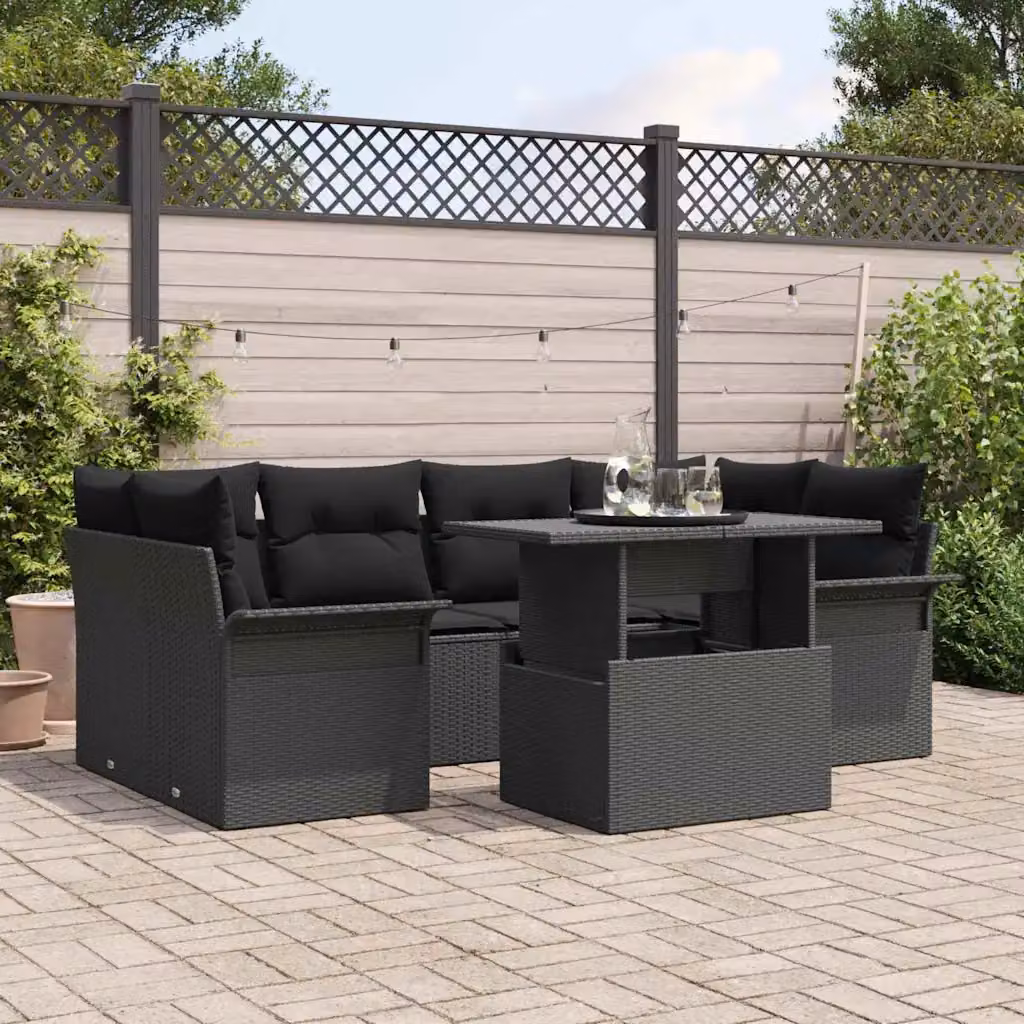 Set Divano da Giardino a L vidaXL 7 Pezzi Nero con Cuscini e Tavolino in Polyrattan e Acciaio – 1