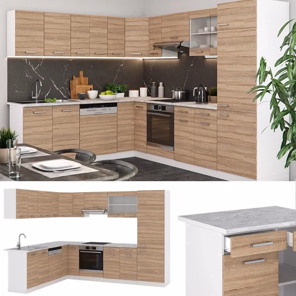 Cucina angolare completa R-Line Vicco in stile moderno, color Sonoma e Bianco con ante Antracite, L/P/H: 287 x 227 x 60 cm – 2