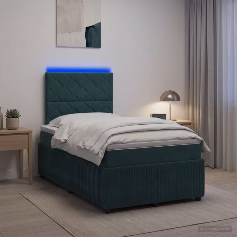 Letto Box Spring Hybrid vidaXL in Velluto Verde Scuro con Materasso a Molle Insacchettate e Illuminazione LED sotto il letto, L: 200 cm, P: 120 cm