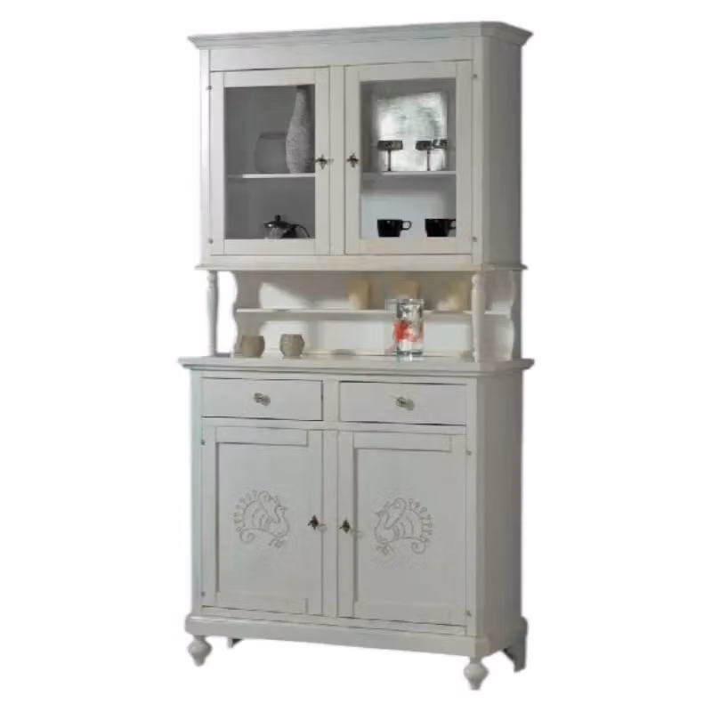 Cristalliera Shabby Chic Mobili 2G in Legno di Pino Bianco con Ante in Vetro e Decorazioni Floreali L: 112 cm, P: 49 cm, H: 206 cm – 2