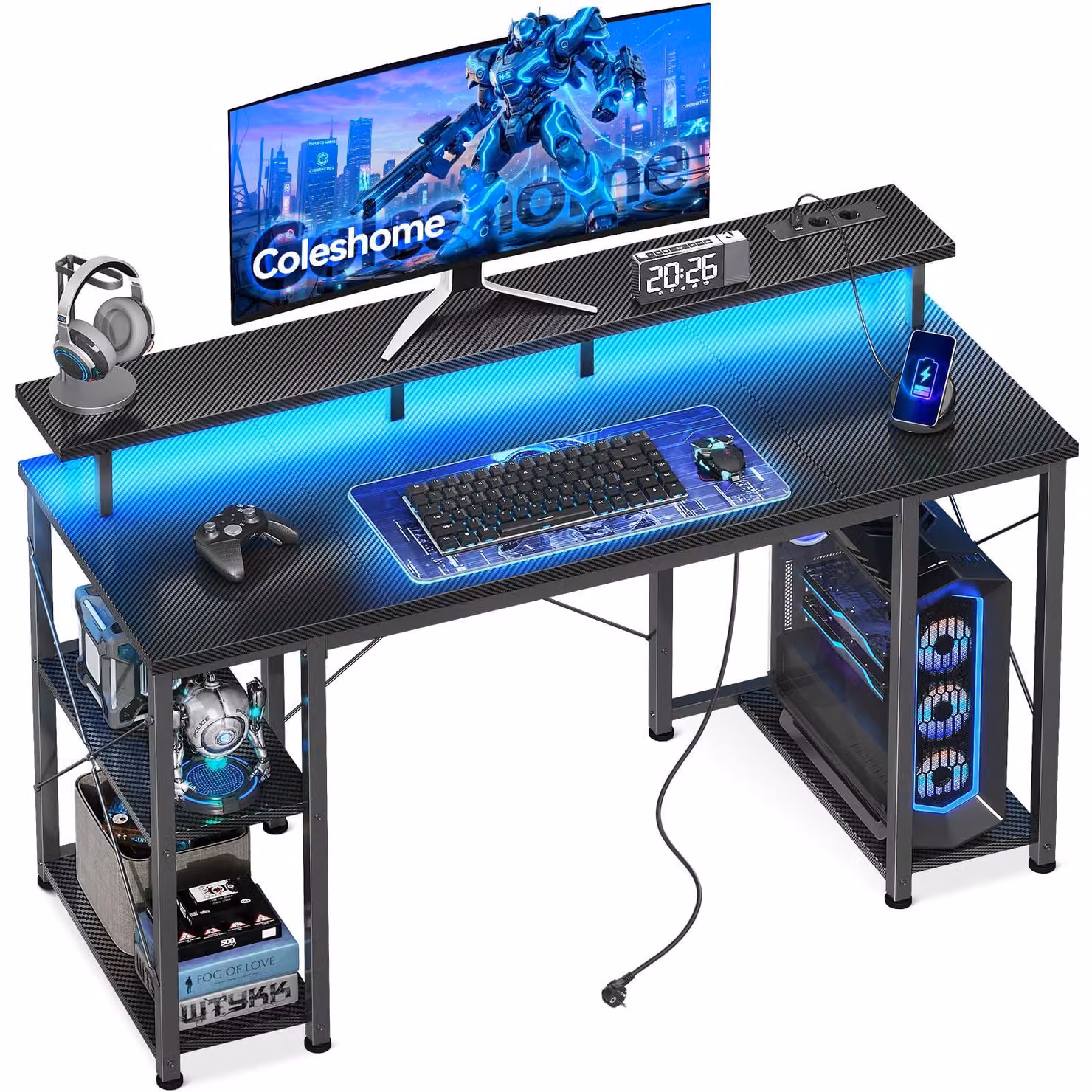 Scrivania da gaming con illuminazione LED, dimensioni 120x50 cm, struttura in metallo e legno, colore nero. Ideale come scrivania per computer o tavolo da gaming