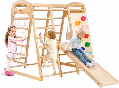 Parco Giochi per Bambini VEVOR in Legno e Plastica Marrone con Scivolo, Altalena, Parete da Arrampicata e Barra di Scimmia, L/P/H: 109 x 120 x 119,5 cm