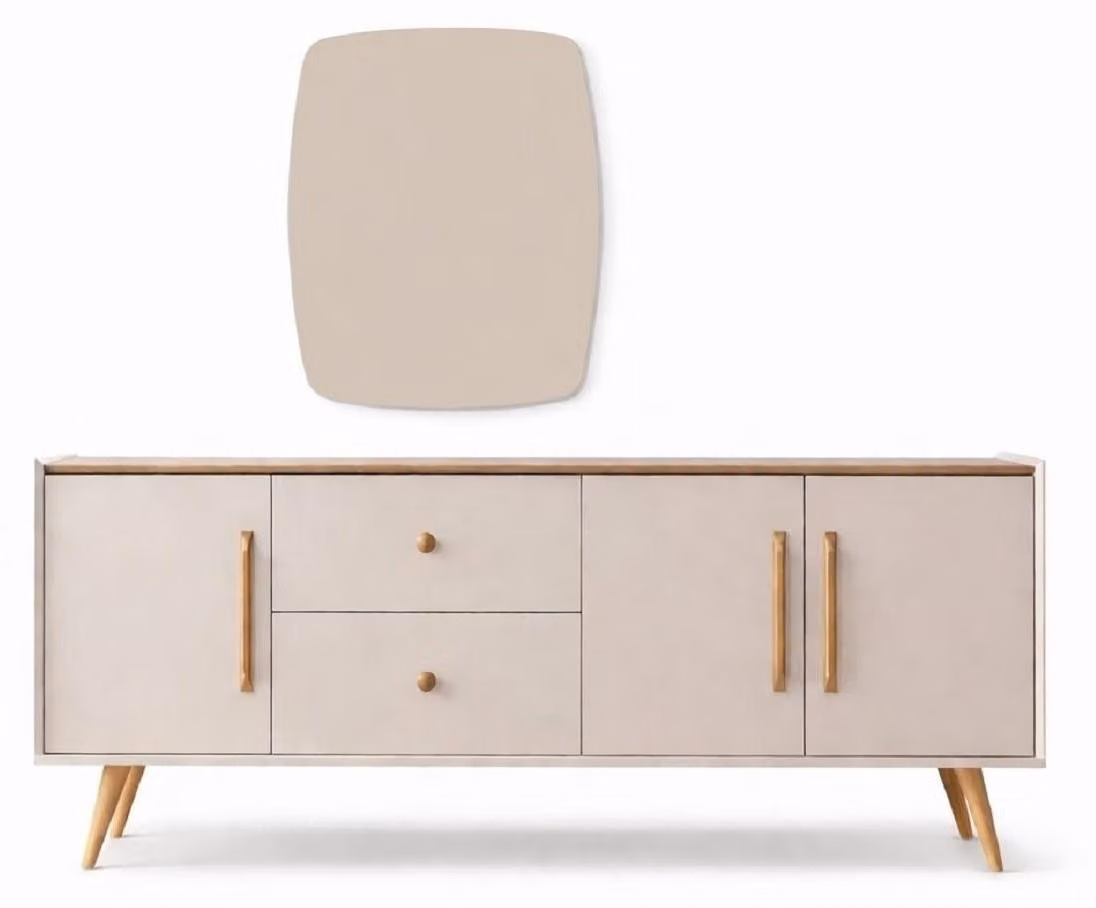 Consolle beige elegante con specchio. Consolle in legno, mobile contenitore, mobili di alta qualità