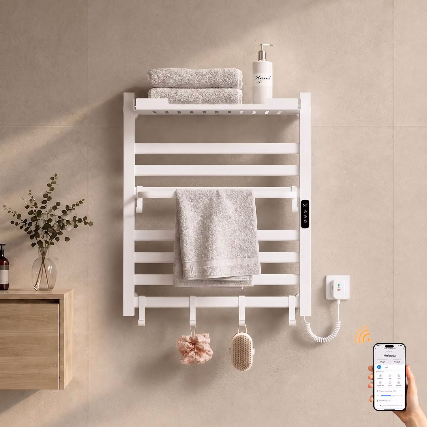 S'AFIELINA Scaldasalviette elettrico bagno con ripiano 700 × 600 mm 233 W Blanco,Termoarredo elettrico bagno WiFi con app