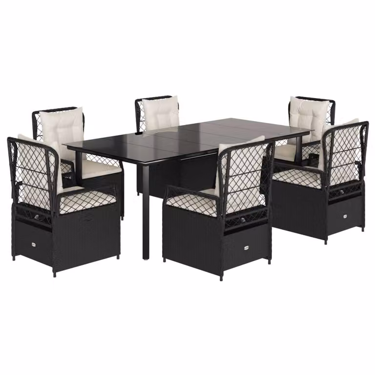 Set da Pranzo da Giardino 7 pz Nero con Cuscini in Polyrattan