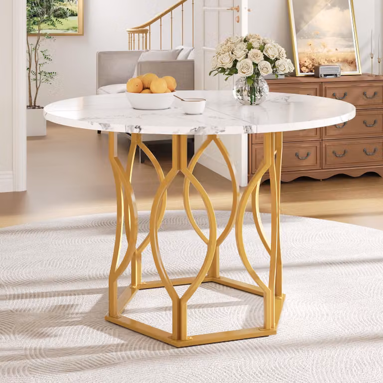 okwish Tavolo da pranzo rotondo, tavolo da cucina con gambe dorate e manopole regolabili, gambe in metallo, adatto per la sala da pranzo, colore: oro e bianco