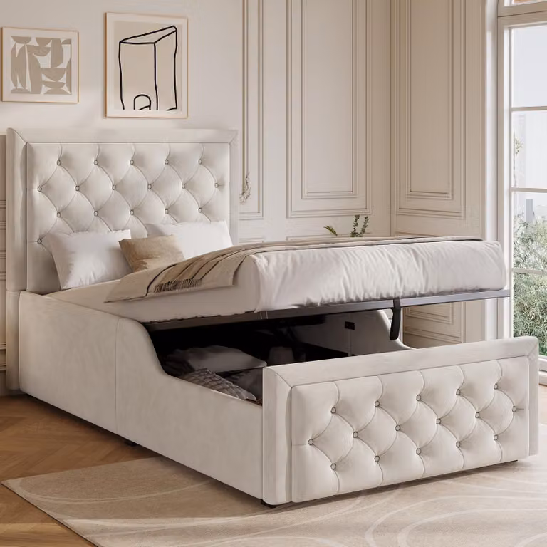 Letto imbottito okwish 90x200 con materasso Letto per bambini con contenitore idraulico Letto singolo Struttura letto con testiera imbottita e rete a doghe Letto funzionale idraulico Beige