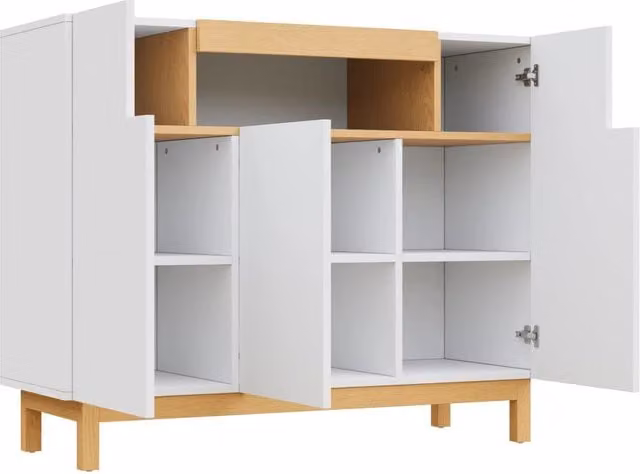 Sideboard bianco con tre porte e ripiano aperto, 120,5x42x96 cm, in pannelli di particelle