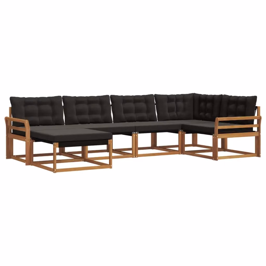 Set di divani da esterno a L vidaXL in legno di acacia con pouf e cuscini, colore marrone e nero – 2