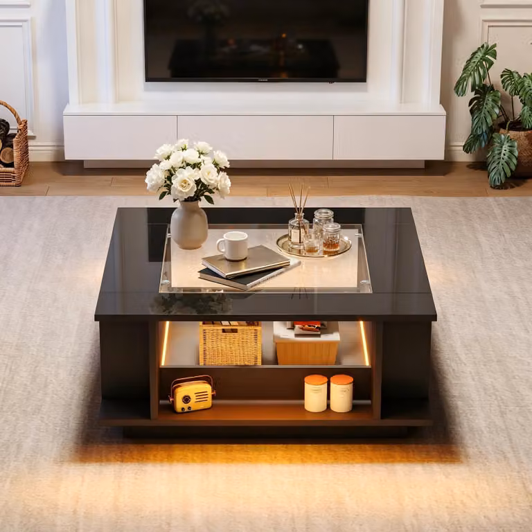 Tavolino quadrato con illuminazione LED e piano in vetro, tavolino da divano con spazio di stoccaggio aperto, tavolino da salotto con finitura lucida, colore nero