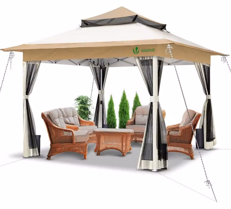 VOUNOT® Gazebo 3,6x3,6 m, gazebo pieghevole per feste con pareti in rete e doppio tetto, colore beige