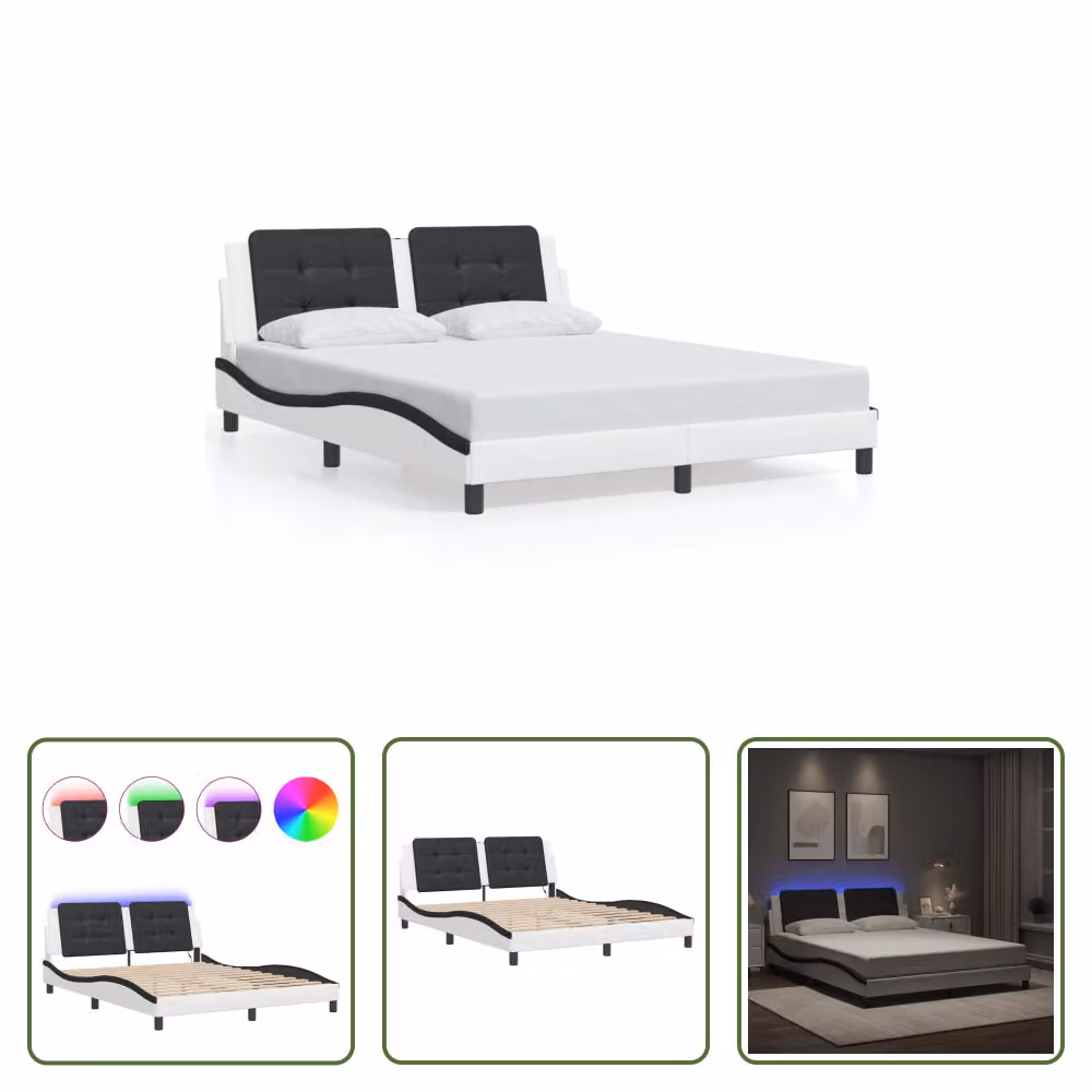 The Living Store Struttura letto con LED bianco e nero 160x200 cm in ecopelle
