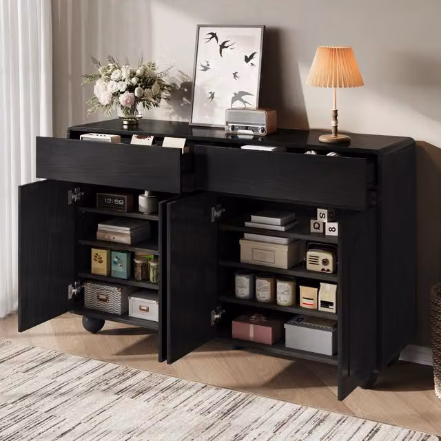 Credenza moderna Mivray nera con 2 cassetti e 4 ante in MDF, L: 140 cm, P: 38 cm, H: 89 cm