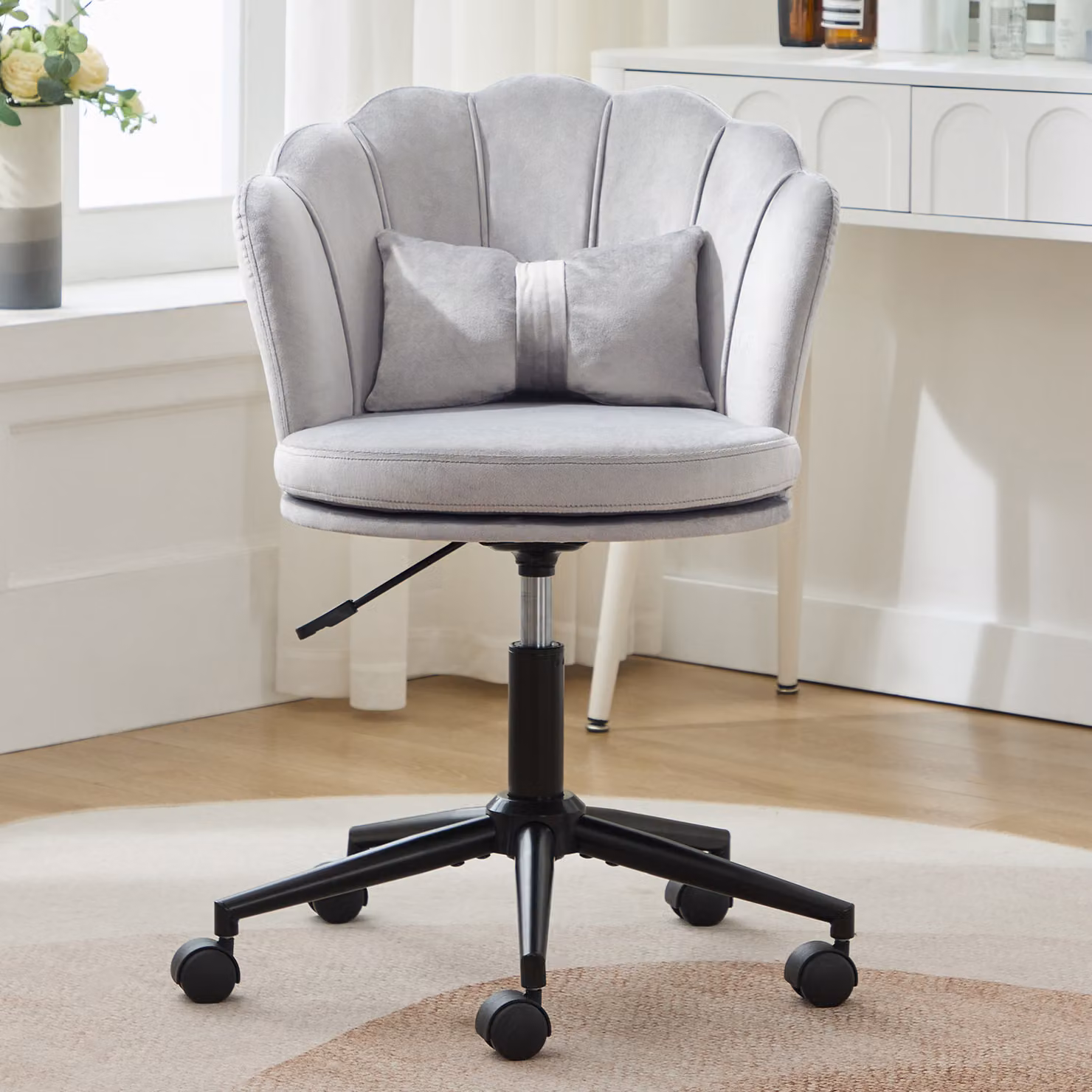 Abrihome sedia da ufficio in tessuto vellutato con cuscino lombare, sedia girevole regolabile in altezza, grigio