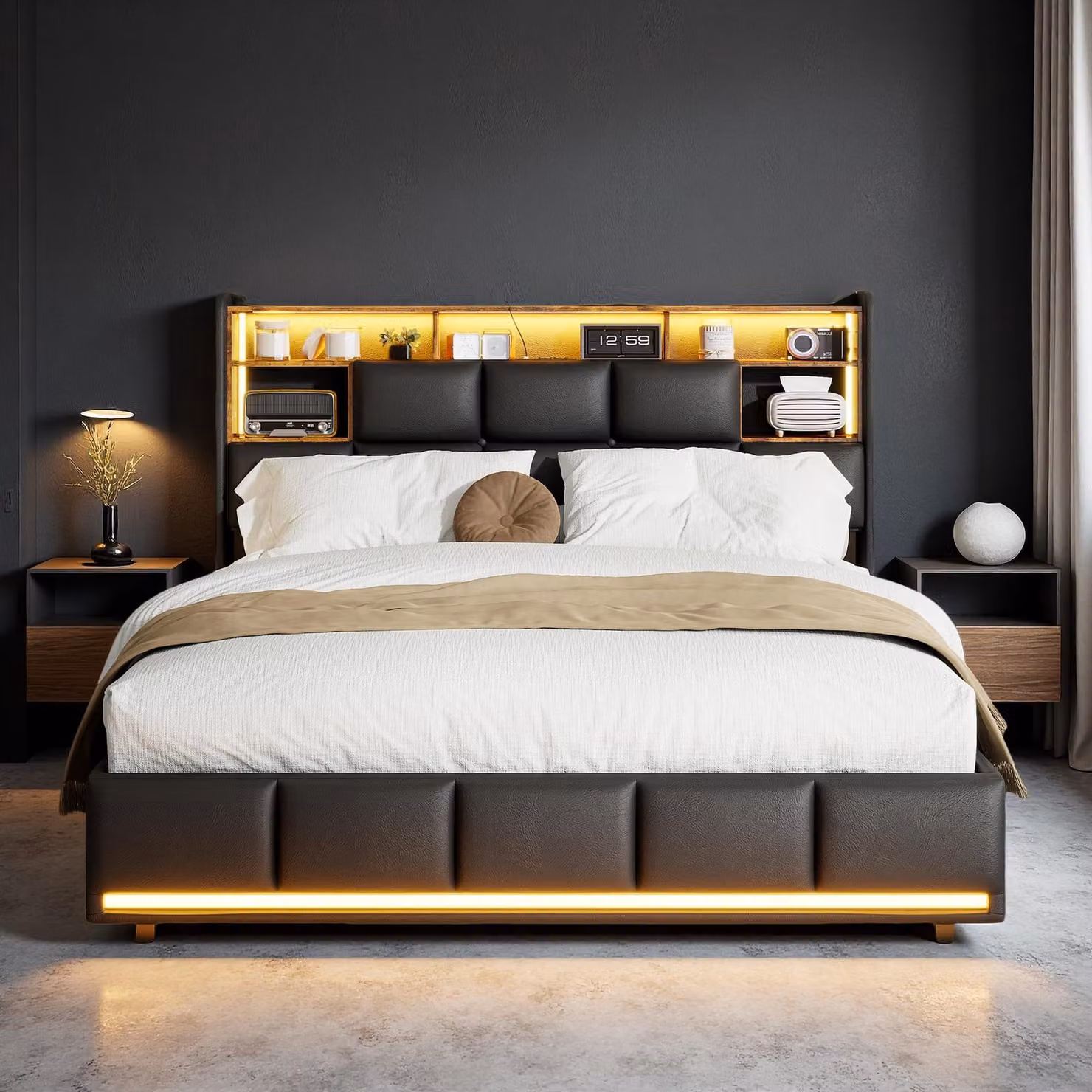 Letto imbottito UnboxG 140x200 cm con illuminazione a LED, funzione di ricarica USB e vano portaoggetti a pressione, nero, PU