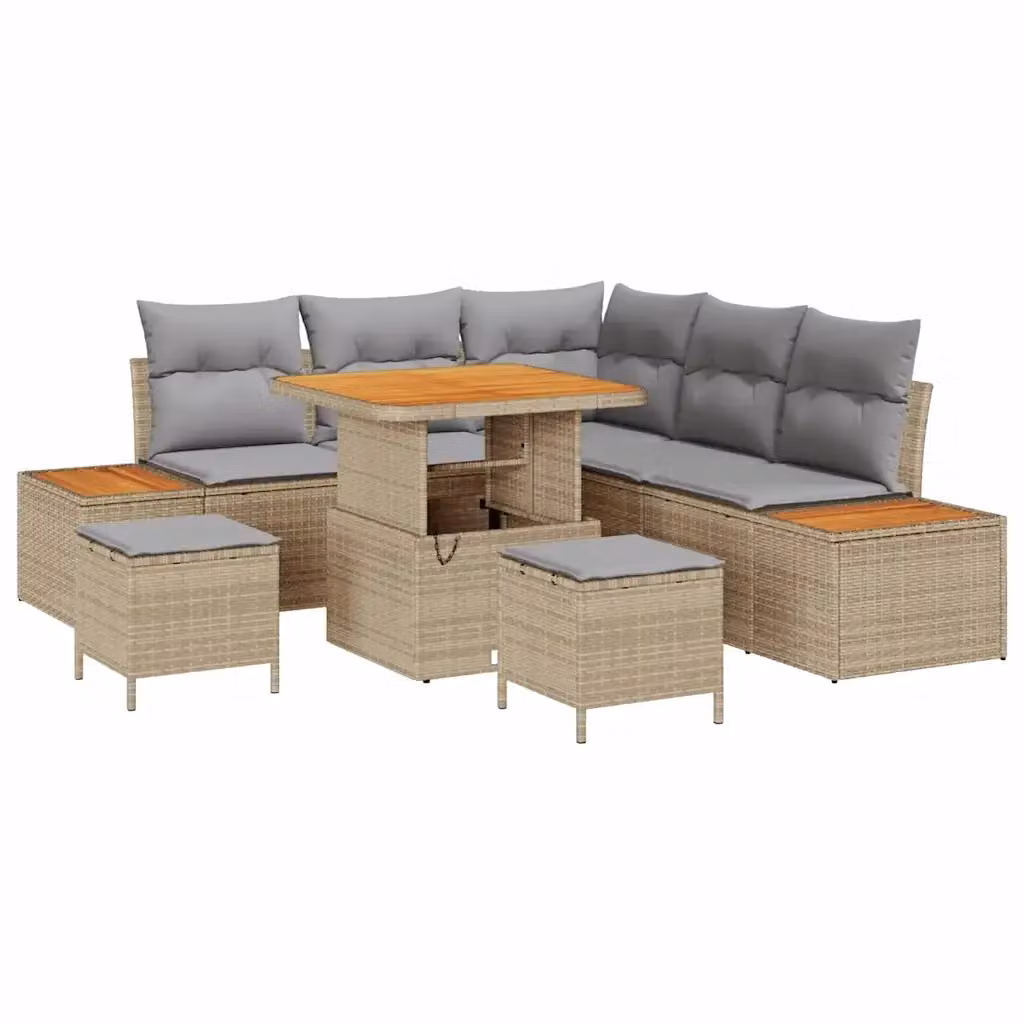 Set Divano da Giardino 8 Posti vidaXL in Poly Rattan Beige con Cuscini e Tavolino – 2