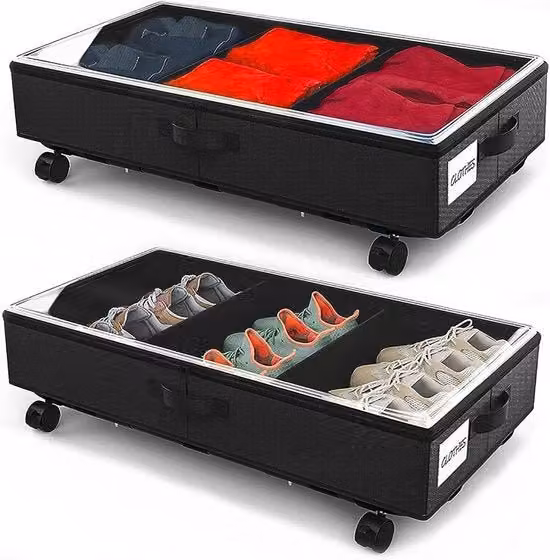 Set di 2 cassetti di stoccaggio pieghevoli con ruote in metallo e vetro trasparente per sotto il letto, colore nero