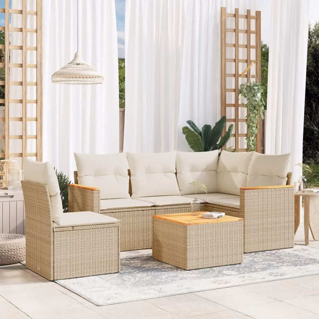 vidaXL Set Divano da Giardino a L 6 pz con Cuscini Beige e Tavolino, Struttura in Acciaio e Legno di Acacia – 1
