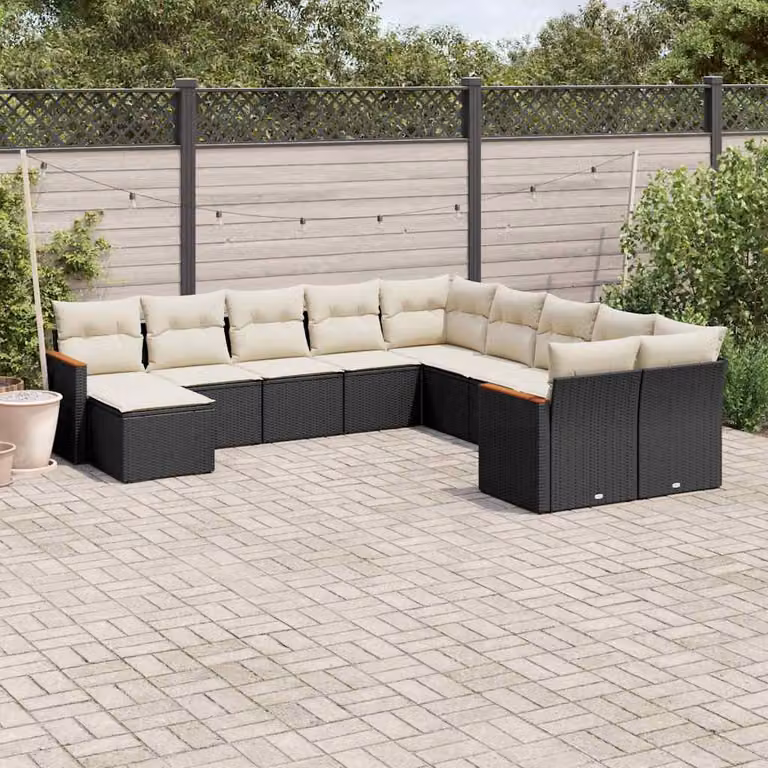 vidaXL Set Divani da Giardino 11 pz a Forma a U in Polyrattan Nero con Cuscini e Struttura in Acciaio