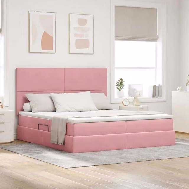 Letto con contenitore e materasso ibrido vidaXL in velluto rosa con illuminazione LED e porta USB L/P/H: 204 x 180 x 128 cm