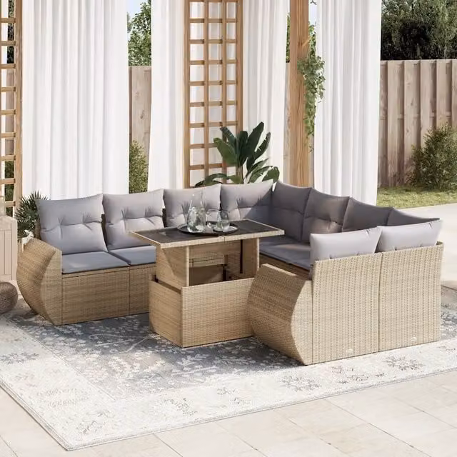 Set Divano da Giardino 9 pz vidaXL con Cuscini Beige e Tavolino in Polyrattan e Metallo – 1