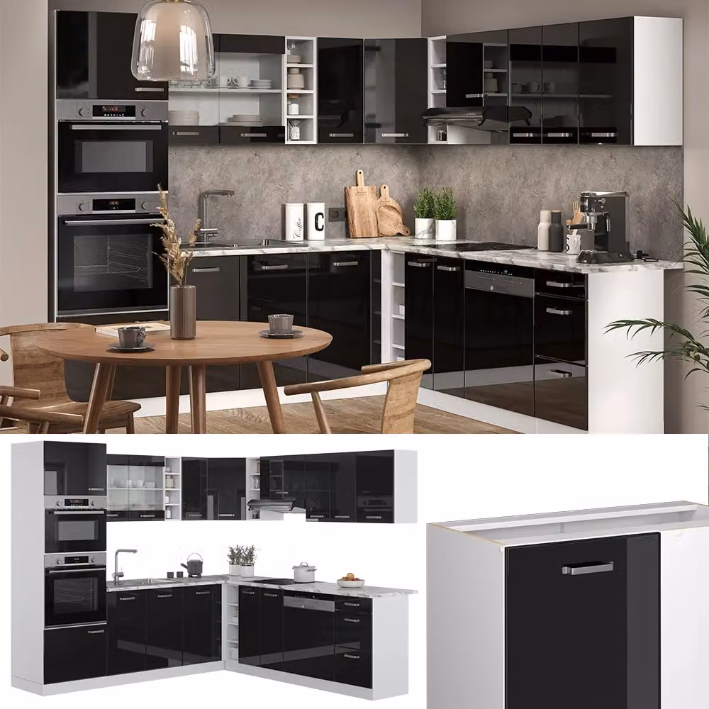 Cucina angolare moderna R-Line Vicco in nero lucido e bianco con dettagli in rovere – 2