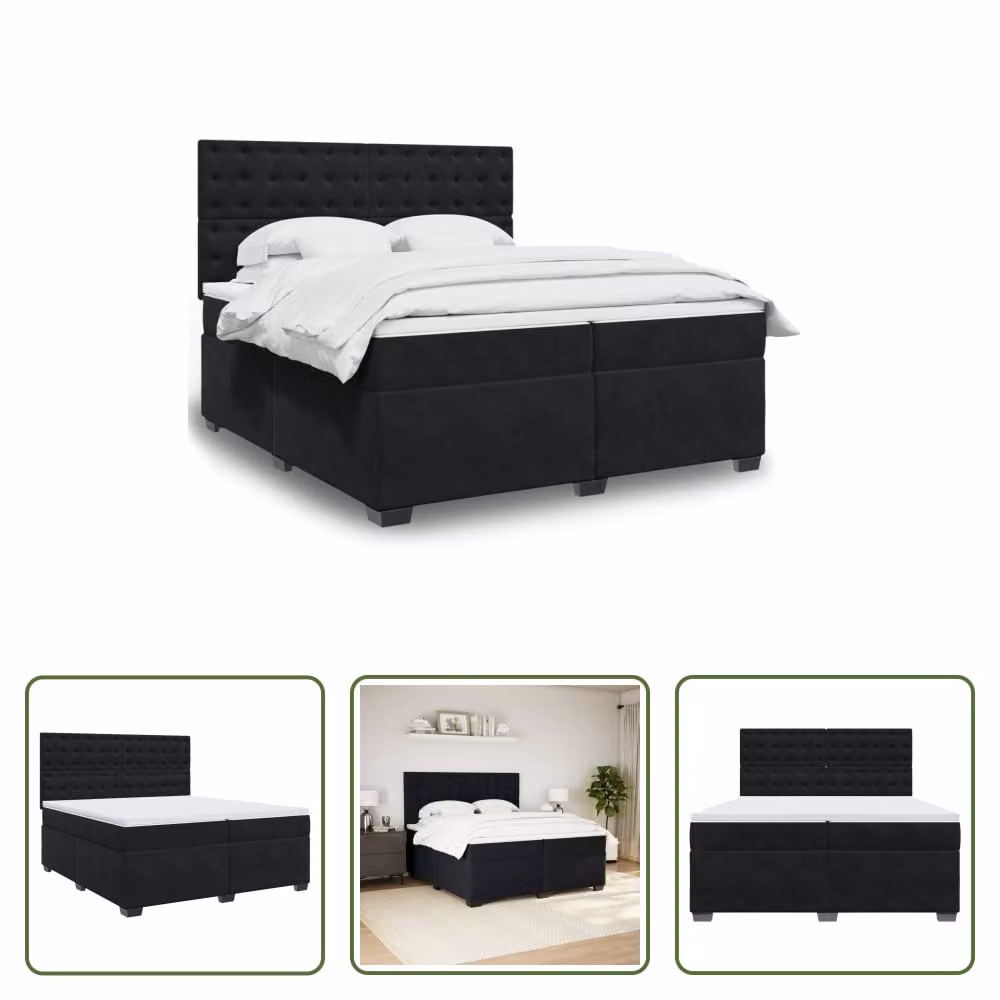 The Living Store Letto a molle con materasso nero 200x200 cm in velluto