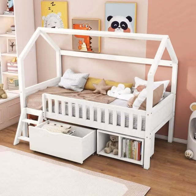 Letto a casetta per bambini 90x200 cm in legno massello di pino con cassetti e vani contenitore; bianco
