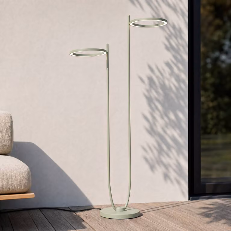 Lampada da terra esterno a LED Lucande Sylvara, verde, CCT, 2 luci Sylvara Lucande, dimmerabile, Verde, Metallo, Design