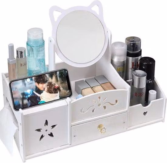 Organizzatore cosmetico Famanu con cassetto e specchio rotondo - PVC bianco, ideale per camera da letto e bagno