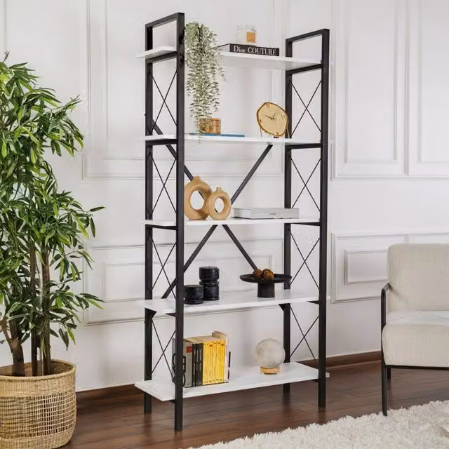 Libreria Suriel DMORA in metallo per ufficio e soggiorno, Bianco e Nero, L 90 cm x P 34 cm x H 180 cm – 1