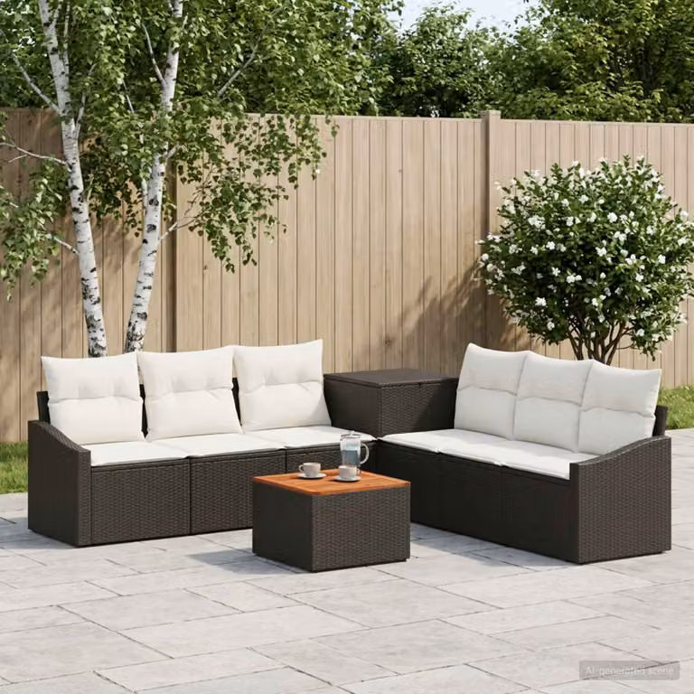 Set di divani da giardino vidaXL a forma di U in polyrattan nero e bianco crema con tavolino da esterno e pouf incluso