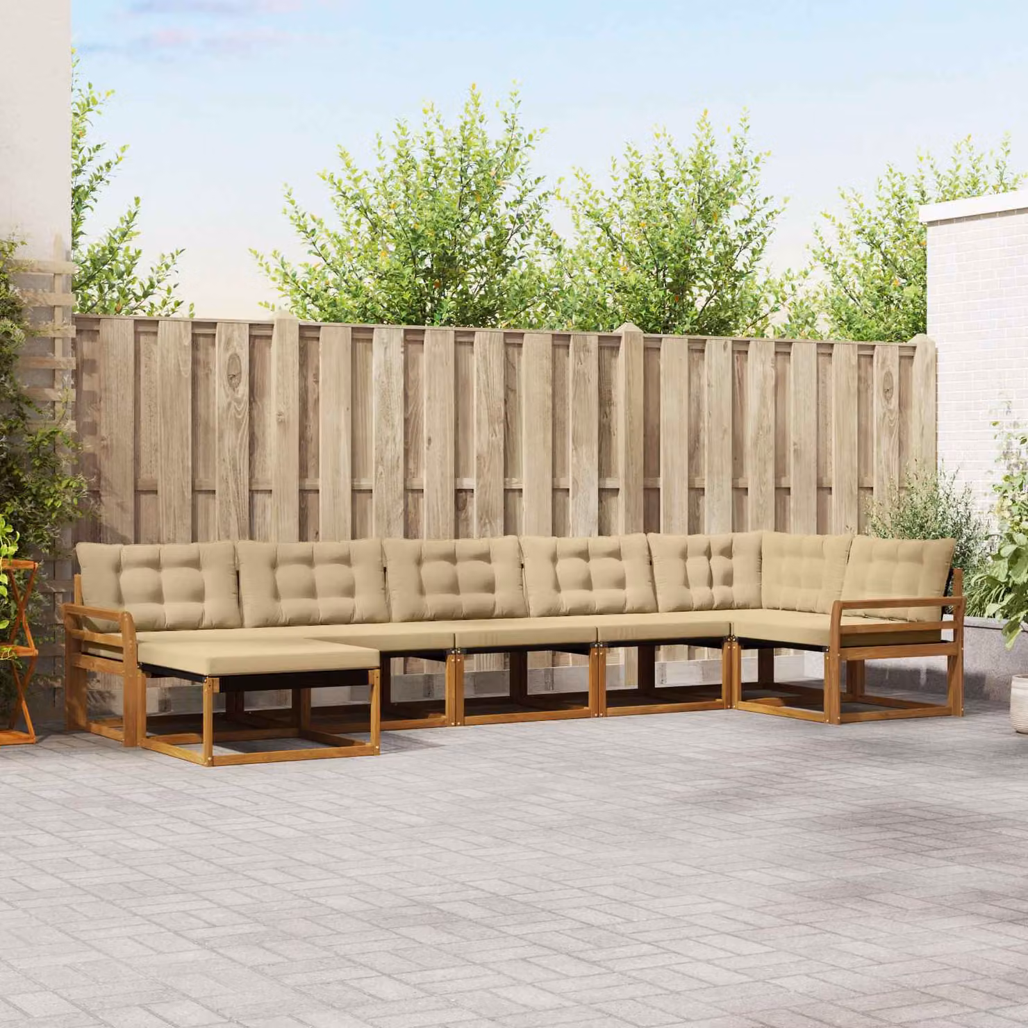 Set di divani da esterno vidaXL a forma di L composto da 7 pezzi in legno di acacia con cuscini beige e marrone per giardino e terrazza