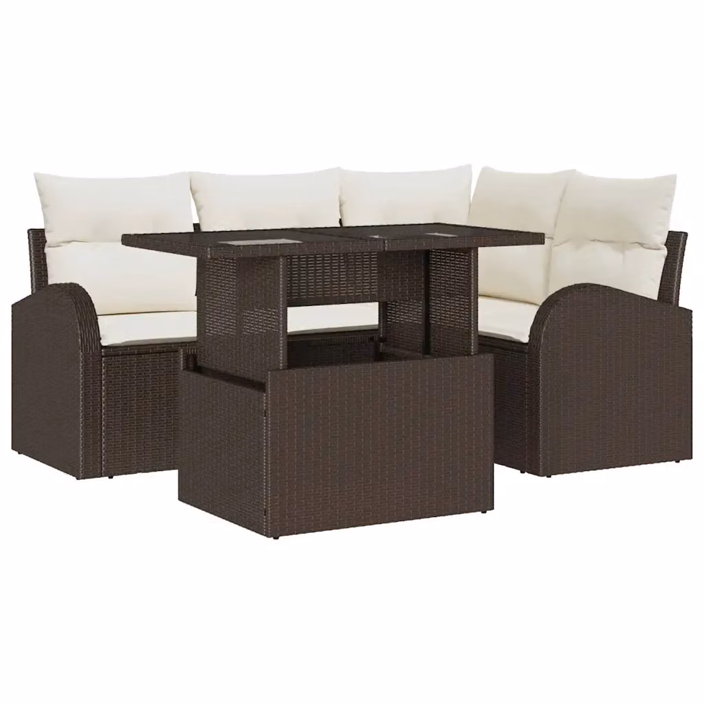 Set Divano da Giardino a L vidaXL 5 Pezzi Marrone con Cuscini e Tavolino in Polyrattan e Acciaio – 2