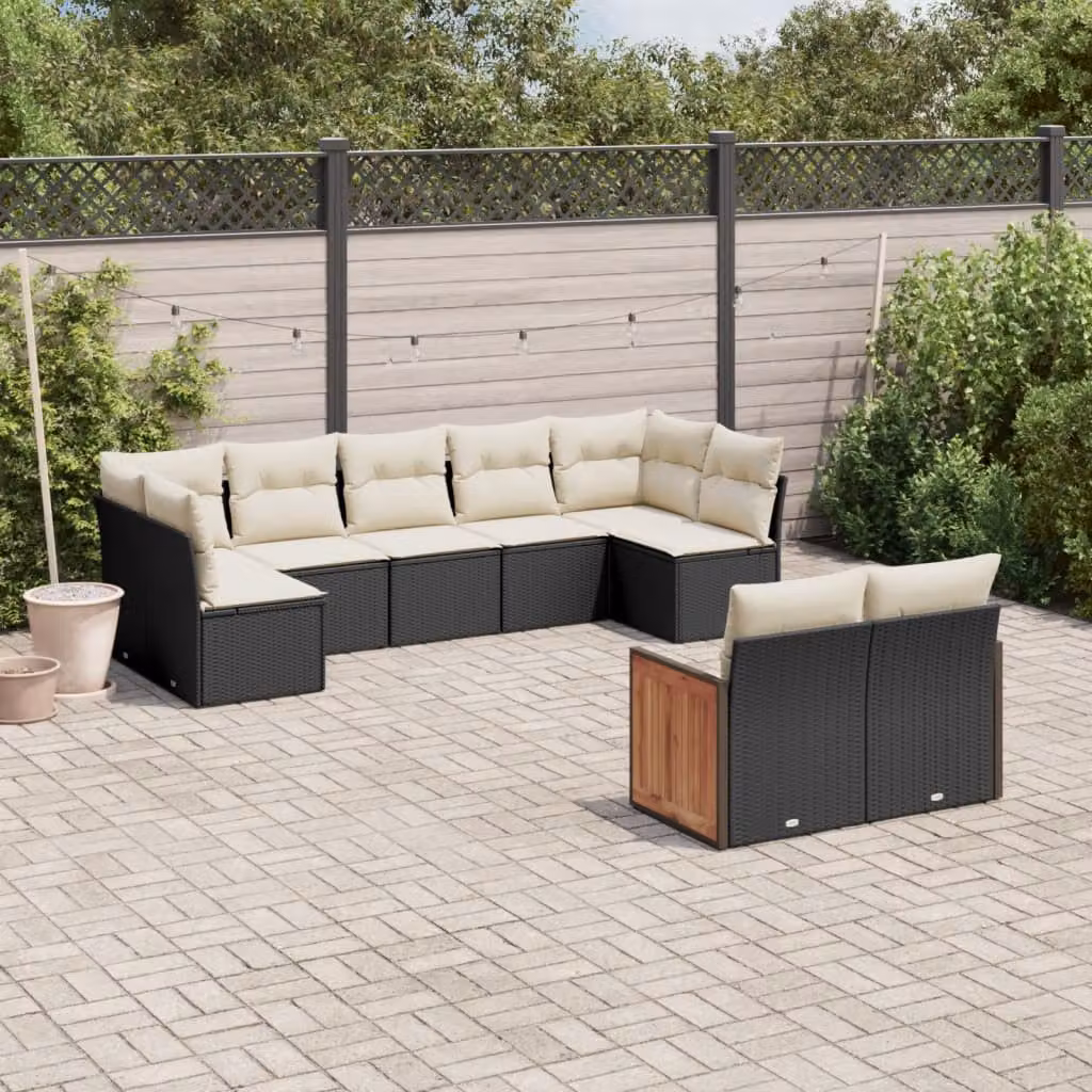 Set di divani da giardino vidaXL a forma di L composto da 9 pezzi in polyrattan nero con cuscini inclusi – 1