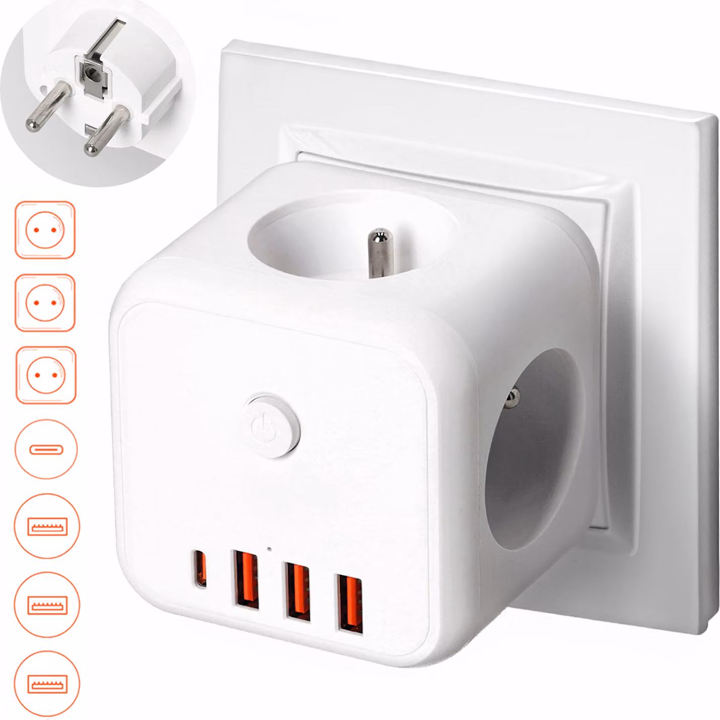 Estensione della ciabatta KOBI LINEA PRO CUBE C Bianco Ciabatta a 3 prese Presa multipla con 3xUSB e 1 USB-C, max 3600W Spina multipla max 16A