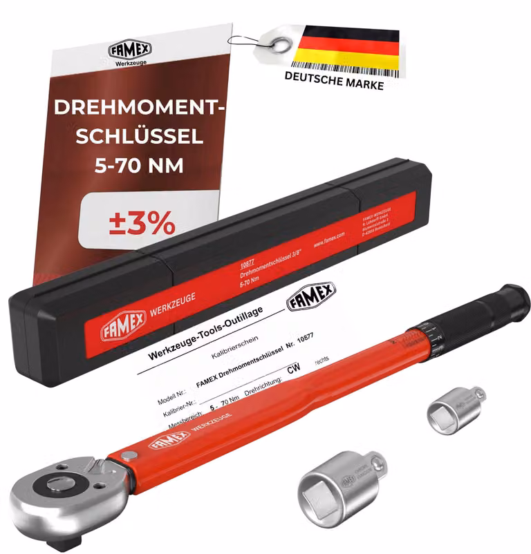 FAMEX 10877 Chiave dinamometrica con attacco da 3/8 di pollice (10 mm), 5-70 Nm, per moto, auto e biciclette, certificata