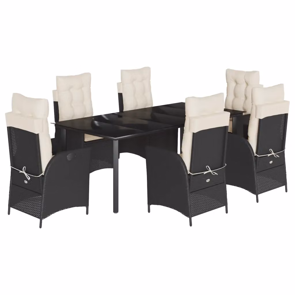 vidaXL Set da Pranzo da Giardino 7 pz in Polyrattan Nero con Cuscini e Tavolo in Vetro – 2