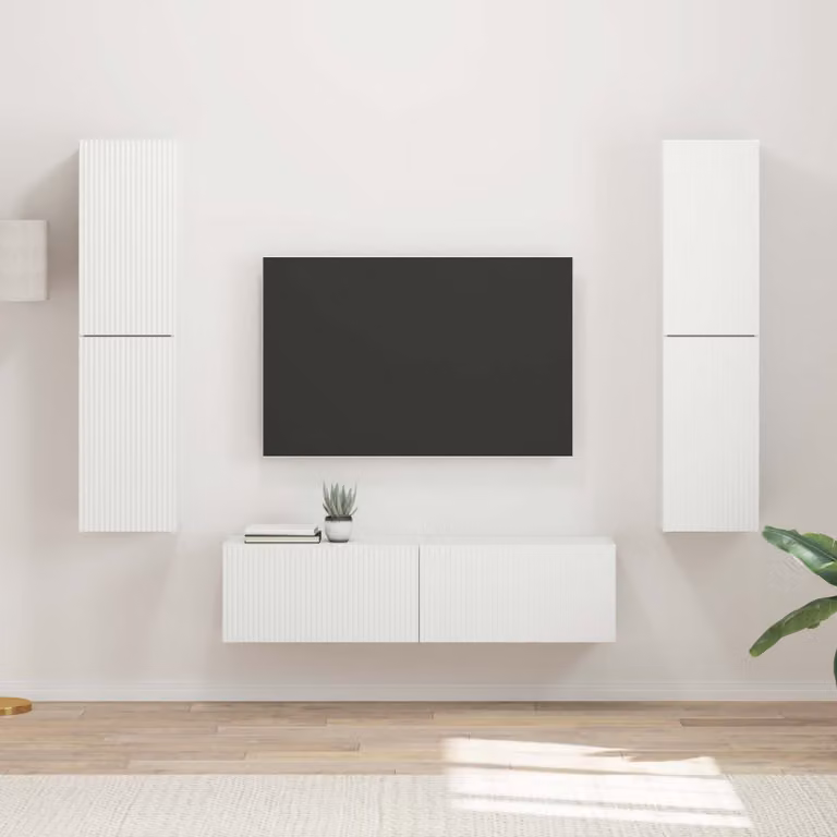 Set mobile TV moderno vidaXL da 6 pezzi in legno bianco opaco con illuminazione integrata e montaggio a parete