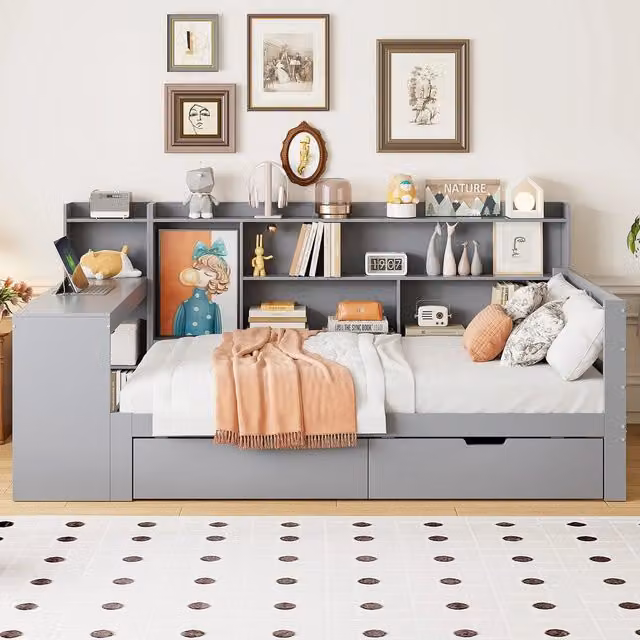 Letto a Soppalco con Scrivania ¨C MINIMAL ¨C Massello, Grigio, 90x200