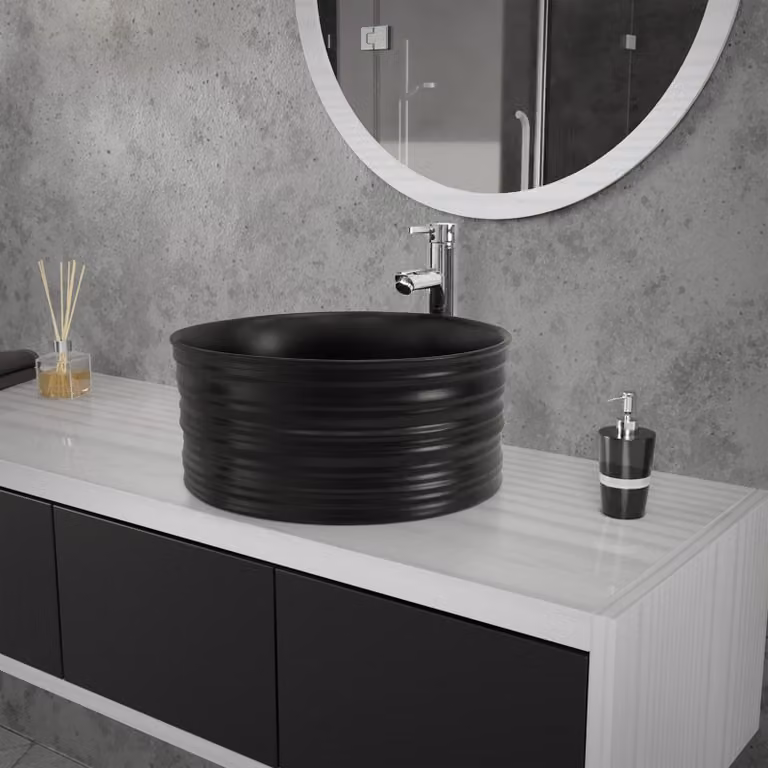 LuxeBath Lavabo da appoggio rotondo, Ø 41x18 cm, nero opaco, in Vetroceramica