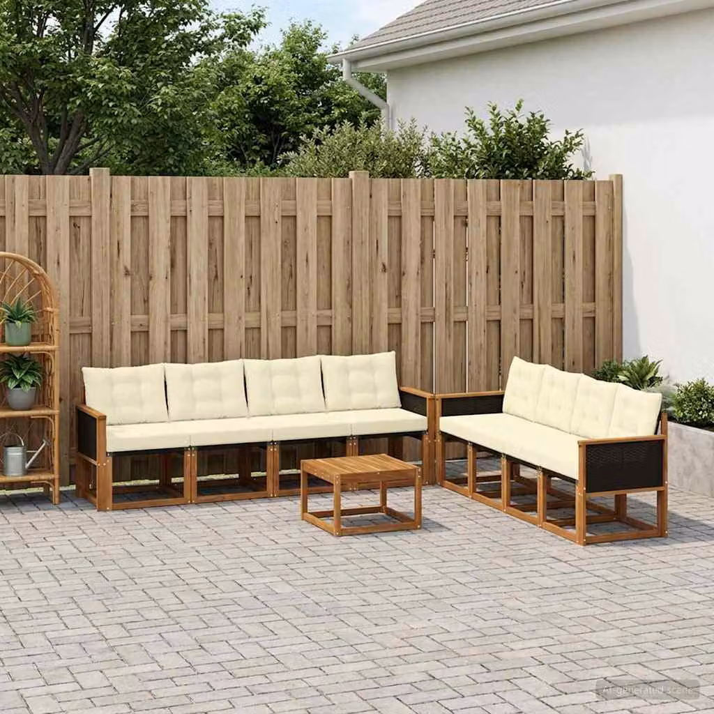 vidaXL Set di divani da esterno 9 pz in legno di acacia con cuscini, colore beige e marrone