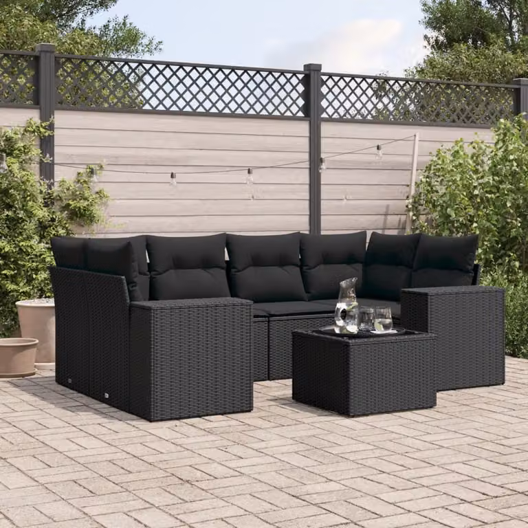 vidaXL Set Divano da Giardino a L con 7 Pezzi e Cuscini, Polyrattan Nero con Tavolino e Struttura in Acciaio