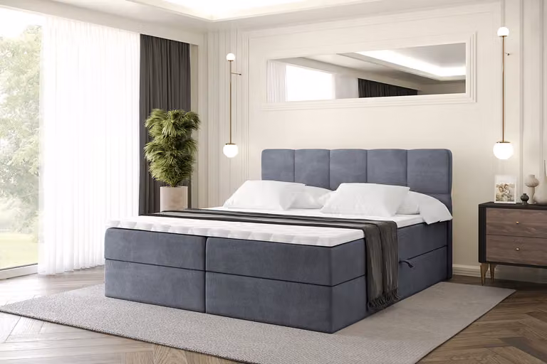Letto boxspring ALTDECOR con materasso e rete a doghe, topper, letto imbottito con contenitore, letto con spazio contenitivo e materasso H4, letto matrimoniale, letto a cassettoni - LIRO - 160x200 - Grigio scuro Casablanca