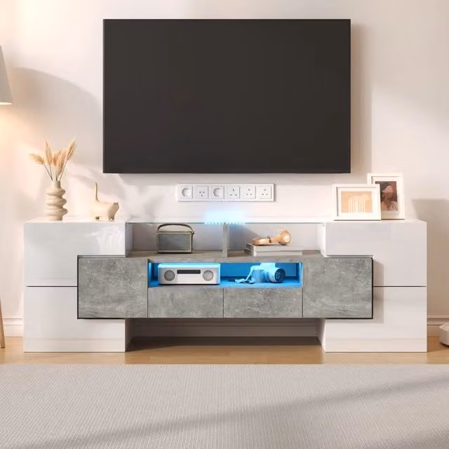 Mobile TV LED multicolore con 6 ante, 2 cassetti e 3 vani, finitura bianco lucido effetto cemento, 145 × 30 × 51 cm